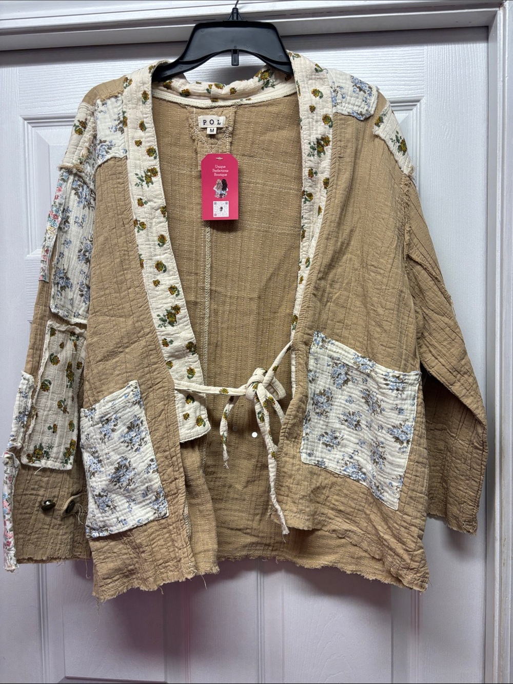 POL Quilted Tie-Front Patchwork Jacket Tan & Floral Cream Back Buttons sz M New